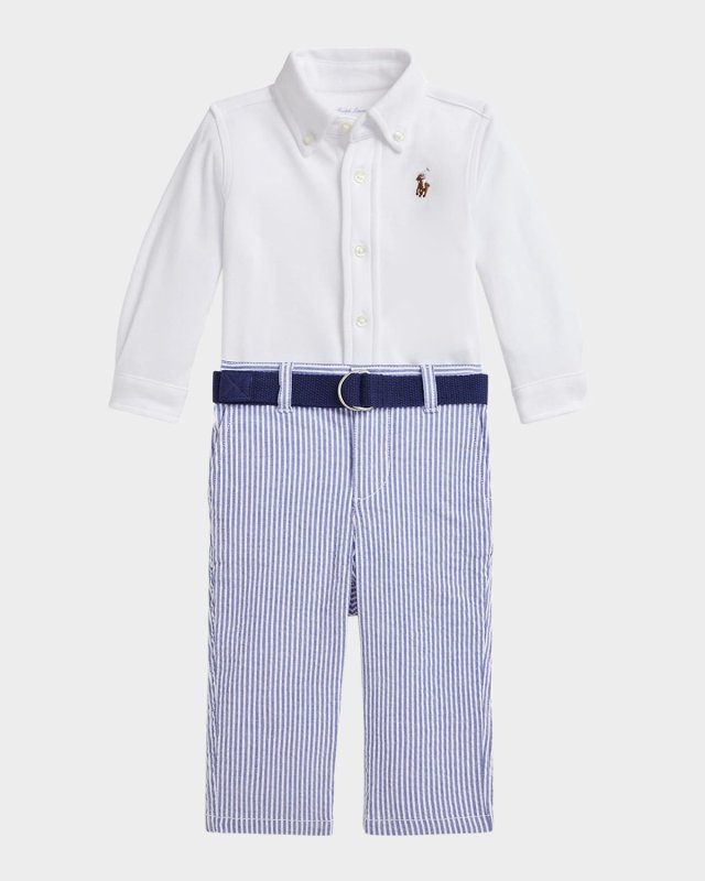 Kid's Cotton Shirt & Seersucker Belted Pants Set, Size 3M-24